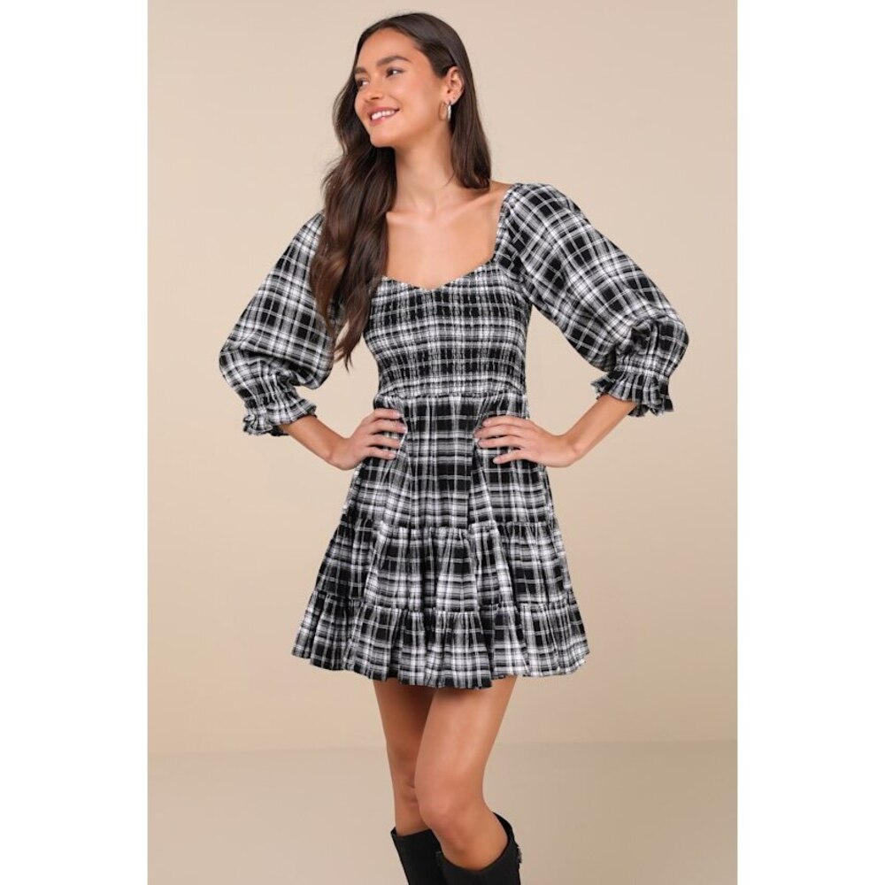 Lulus No One Cuter Black And Ivory Plaid Puff Sleeve Tiered Mini Dress - Size M